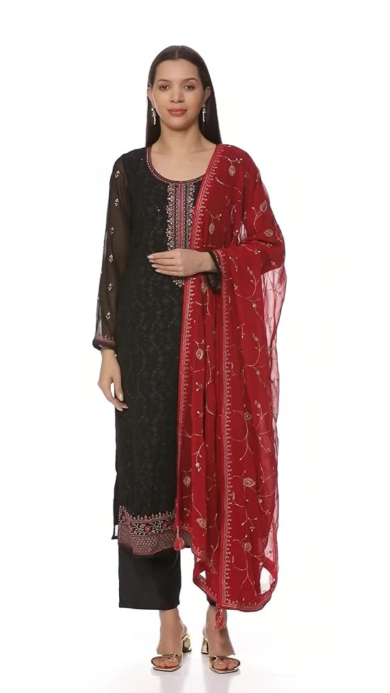 Libas Women's Embroidered Georgette Straight Kurta Trouser With Dupatta Set - Authentic Libas Clothing | UrbanThreads - Image 3