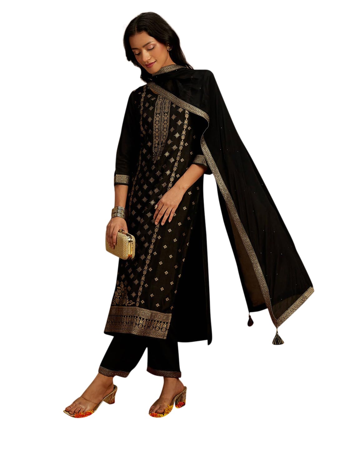 Libas Womens Woven Design Silk Blend Straight Kurta With Trousers and Dupatta - Authentic Libas Clothing | UrbanThreads