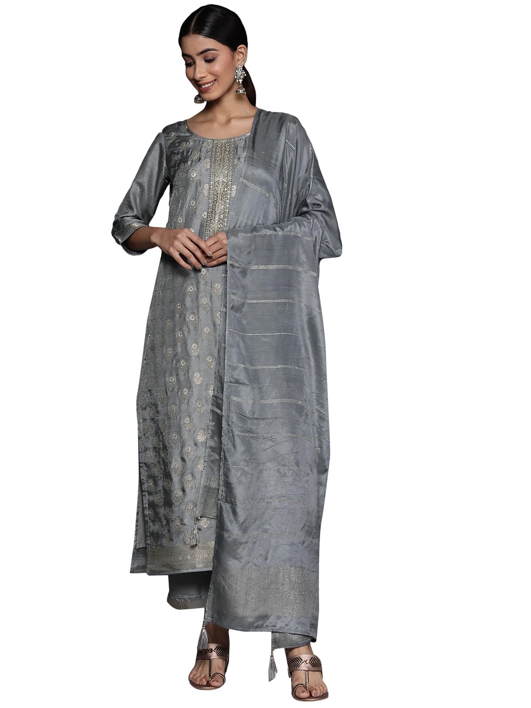 Libas Womens Embroidered Silk Blend Straight Kurta Trouser with Dupatta Set - Authentic Libas Clothing | UrbanThreads