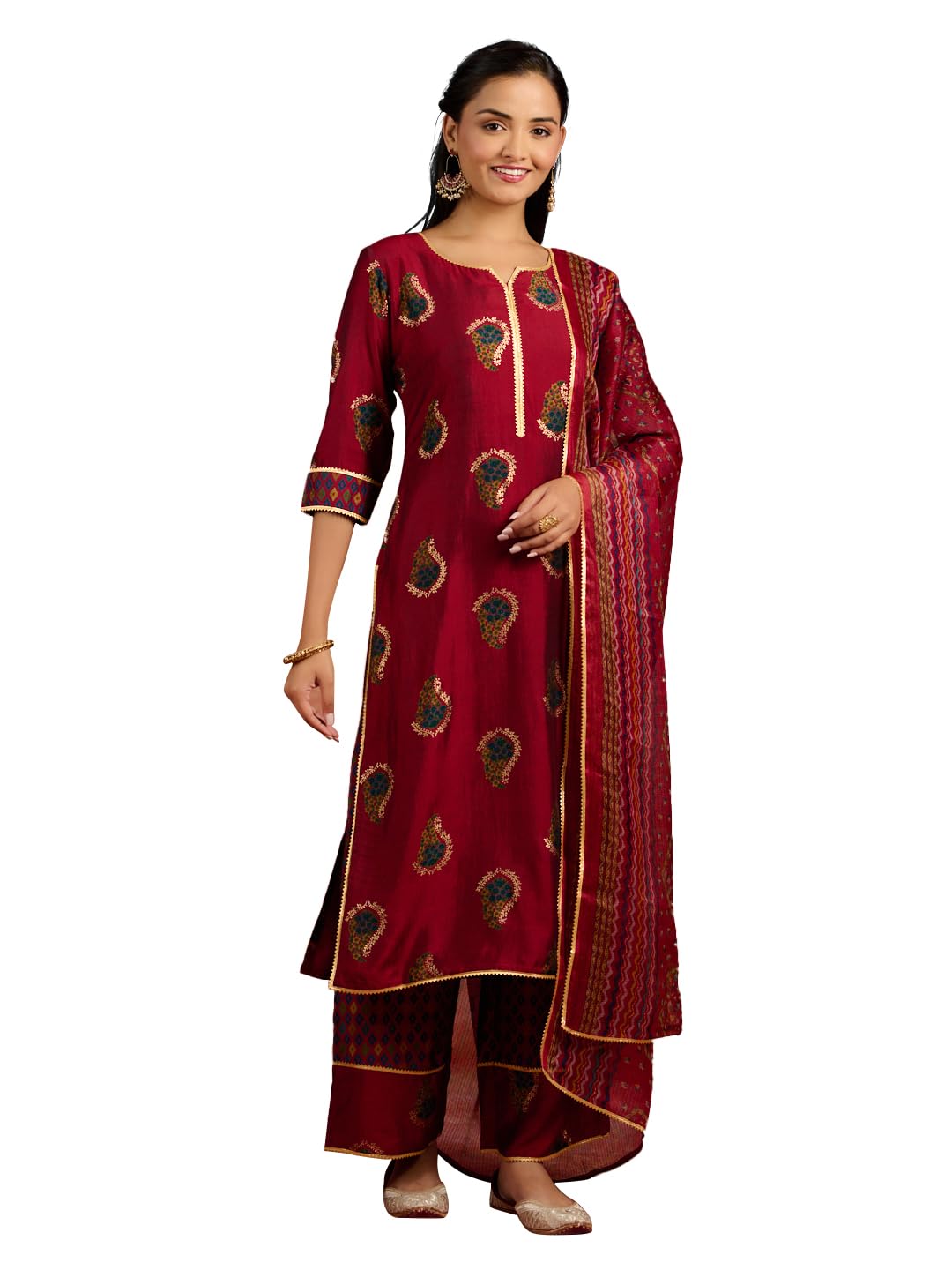 Red Printed Silk Blend Kurta Palazzo Suit Set | UrbanThreads