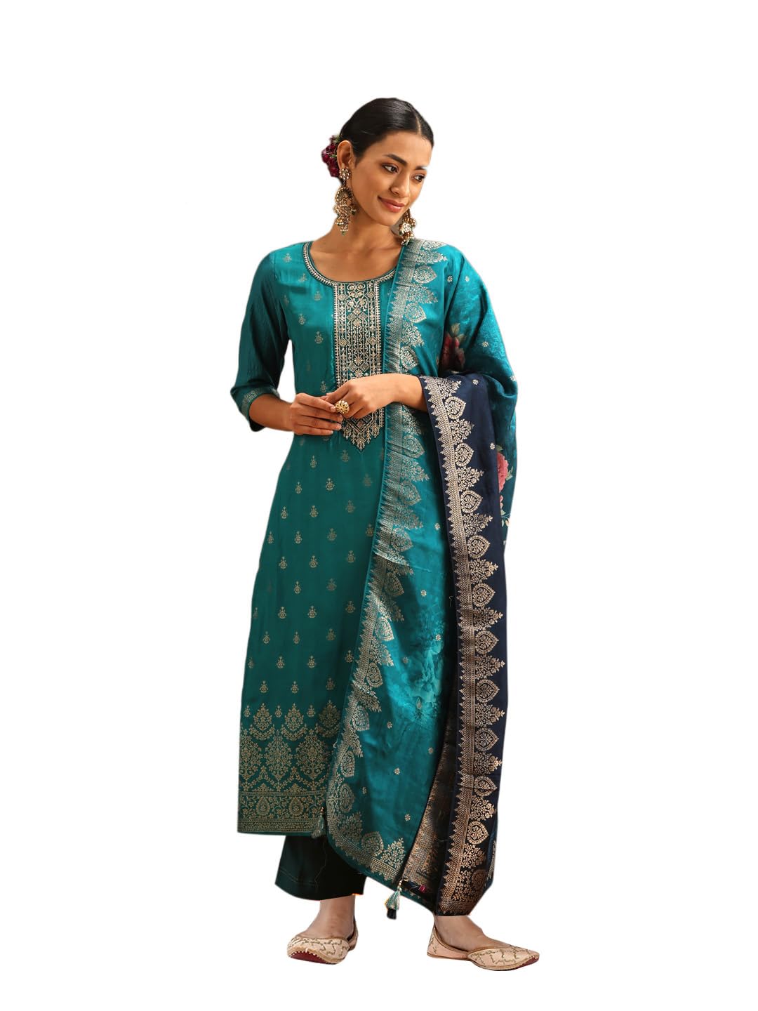 Libas Womens Self Design Silk Straight Kurta With Trousers and Dupatta - Authentic Libas Clothing | UrbanThreads