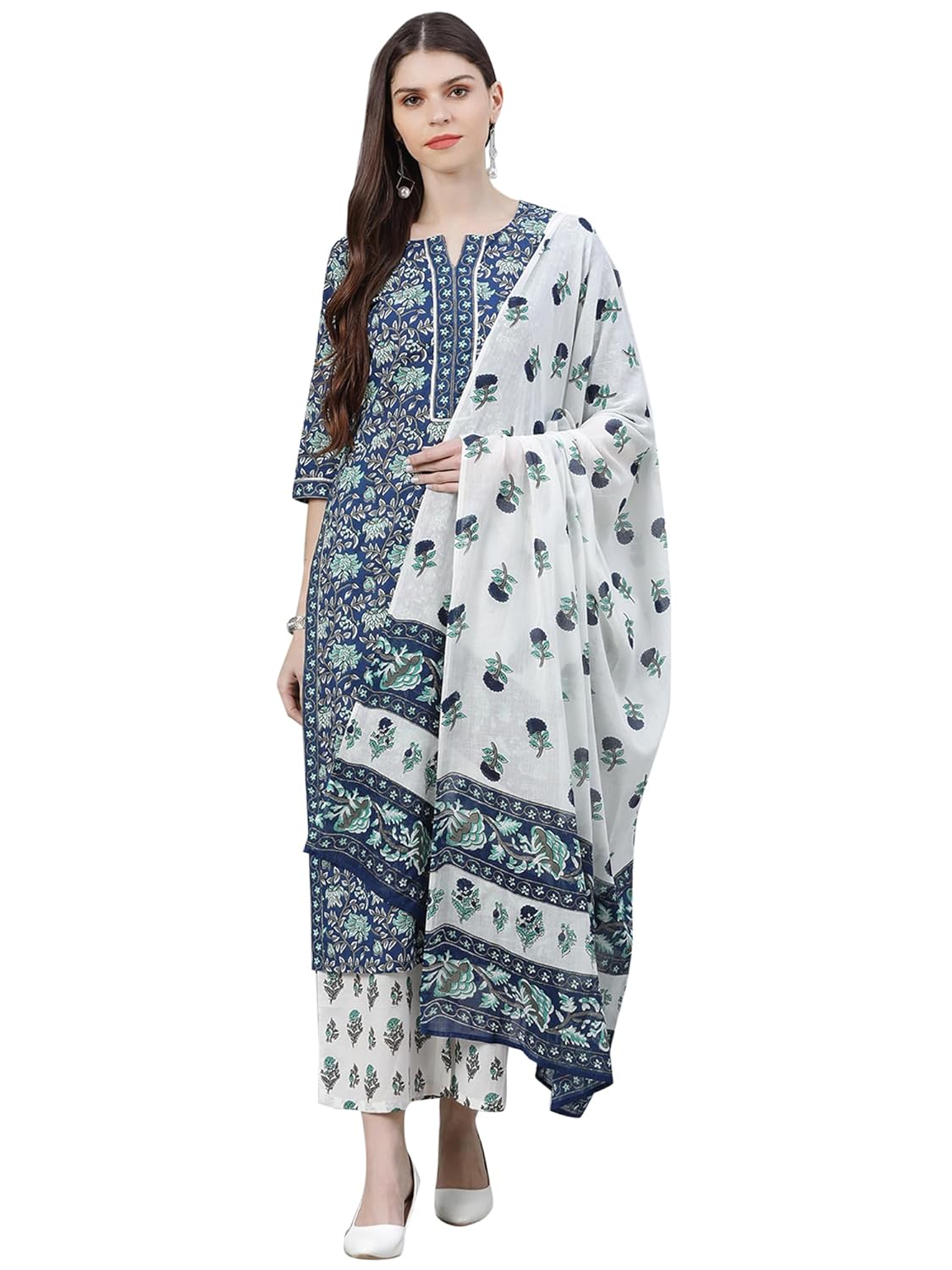 Libas Womens Printed Cotton Straight Kurta With Palazzos and Dupatta - Authentic Libas Clothing | UrbanThreads