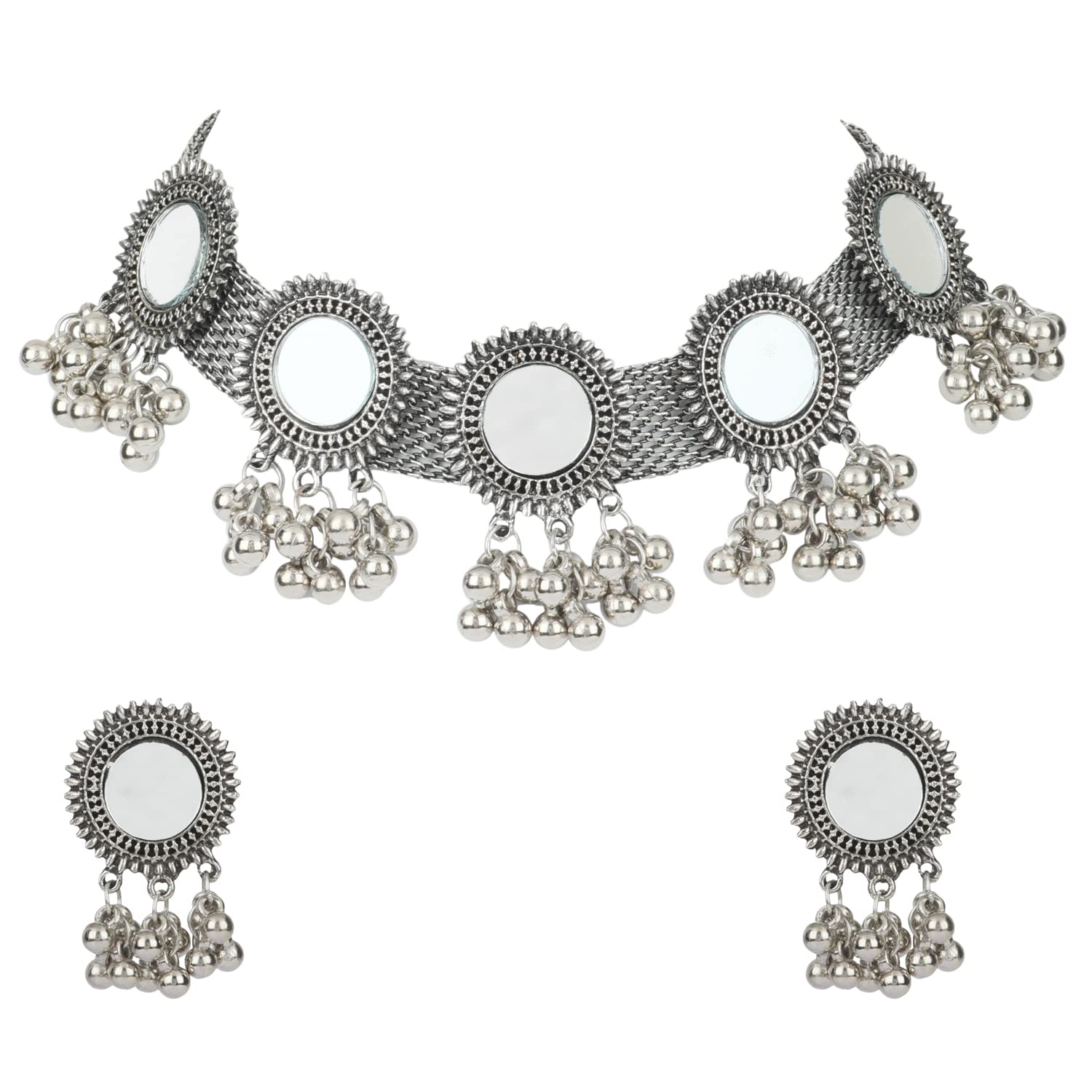 Shining Diva Oxidised Silver Tribal Choker Necklace Set for Women