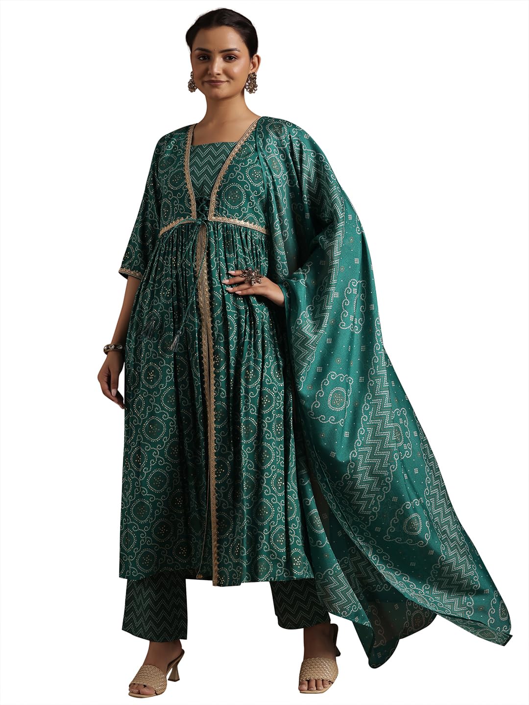 Libas Womens Printed Silk Blend A-Line Kurta With Trousers and Dupatta - Authentic Libas Clothing | UrbanThreads