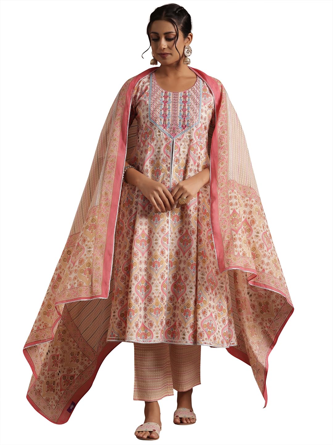 Libas Womens Printed Cotton A-Line Kurta With Palazzos and Dupatta - Authentic Libas Clothing | UrbanThreads