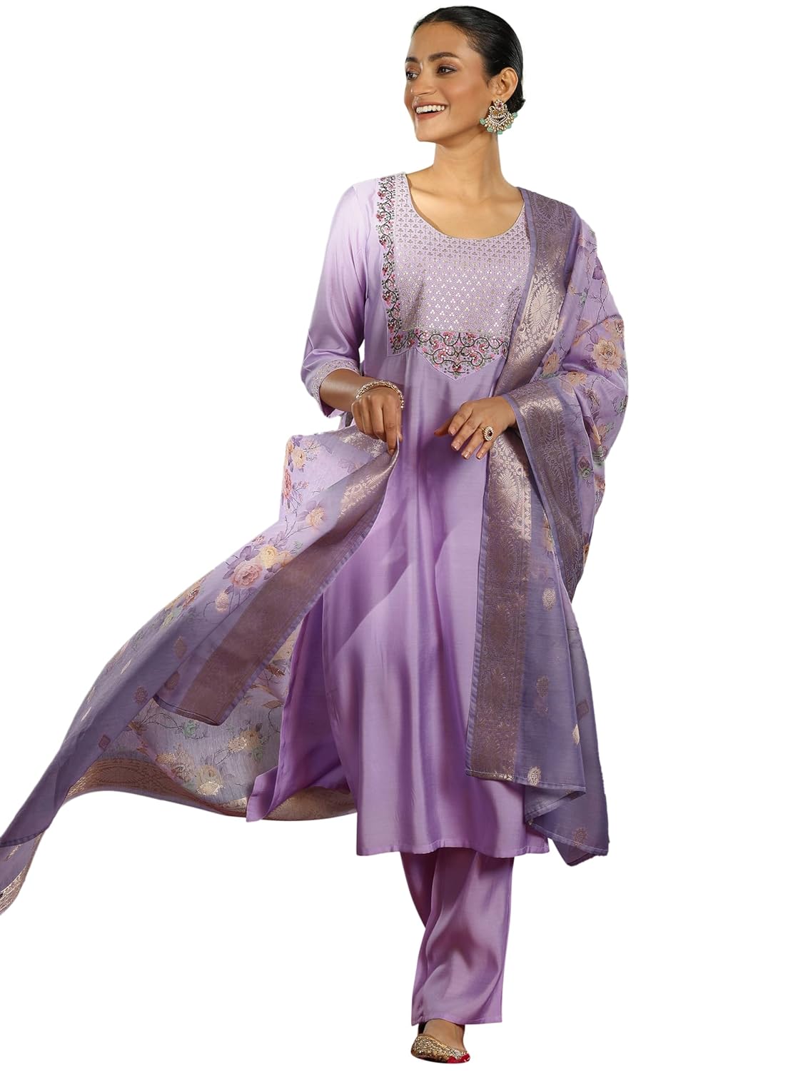 Libas Gerua Womens Yoke Design Silk Blend Straight Kurta With Trousers and Dupatta - Authentic Libas Clothing | UrbanThreads