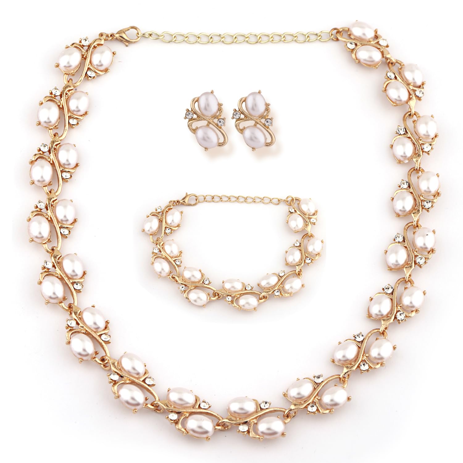 Shining Diva Pearl Bracelet Earrings Necklace Set