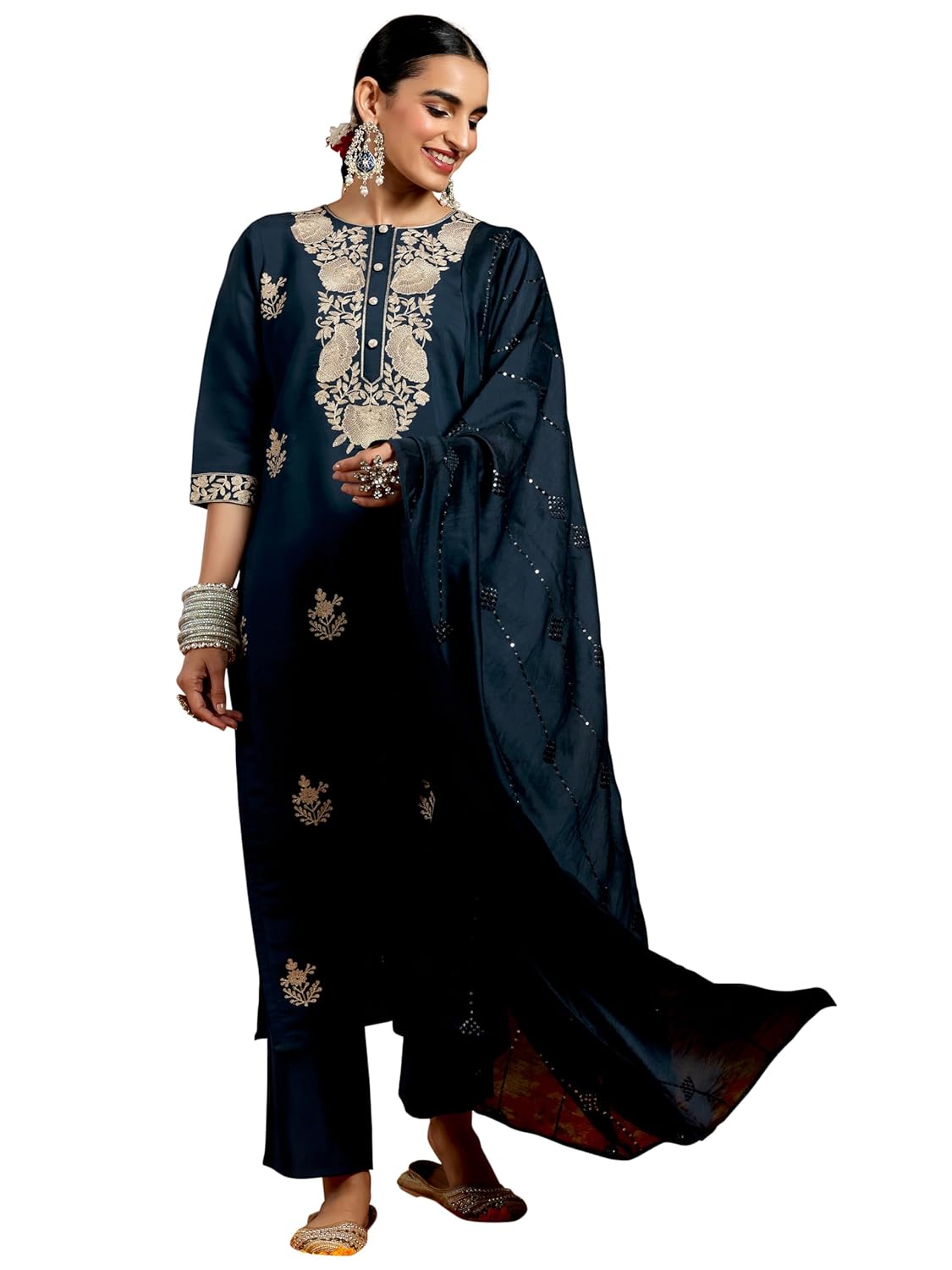 Gerua By Libas Womens Yoke Design Silk Blend Straight Kurta With Trousers and Dupatta - Authentic Gerua Clothing | UrbanThreads