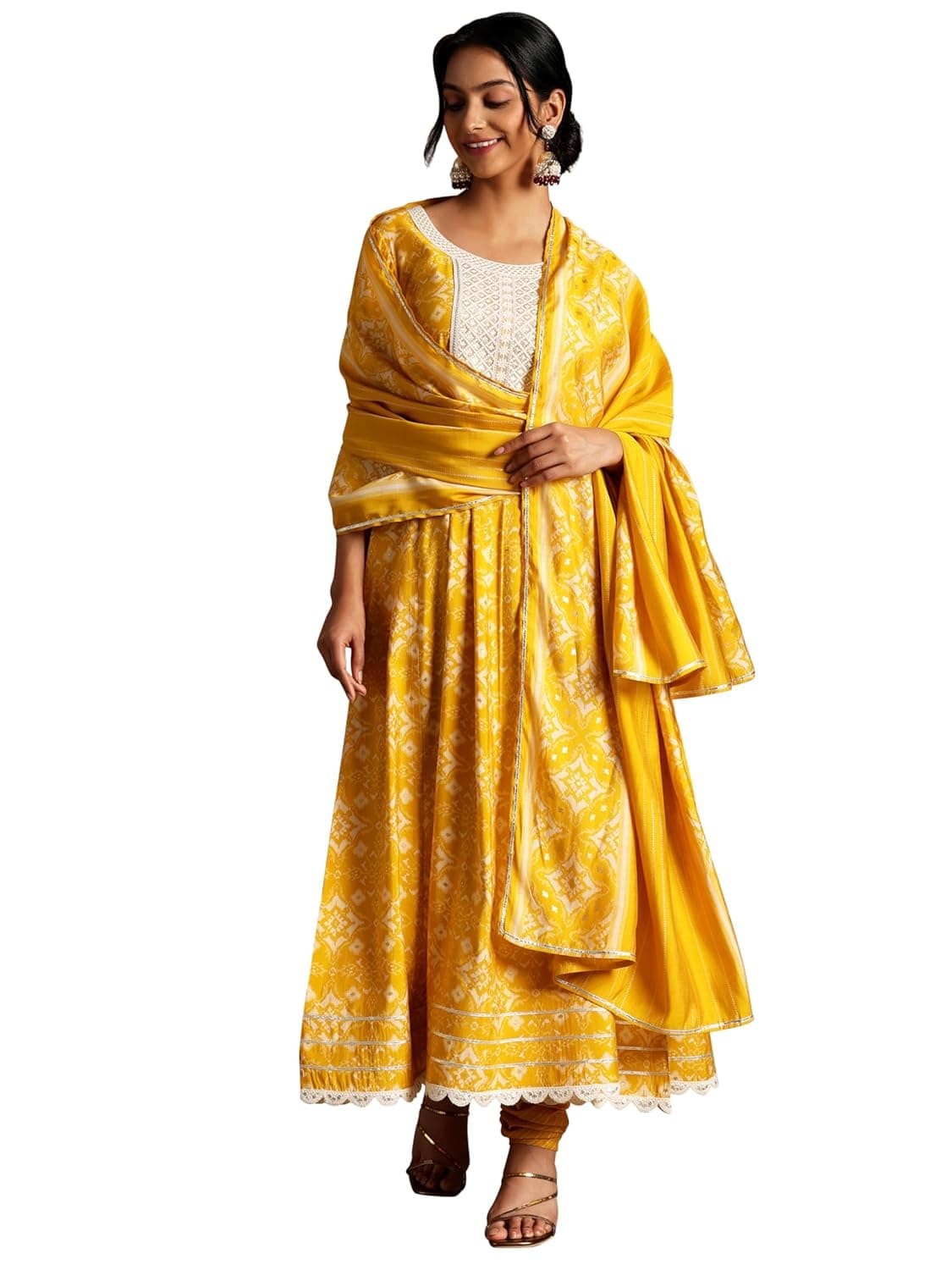 Libas Women Silk Blend Printed Anarkali Kurta Churidar and Dupatta Set - Authentic Libas Clothing | UrbanThreads