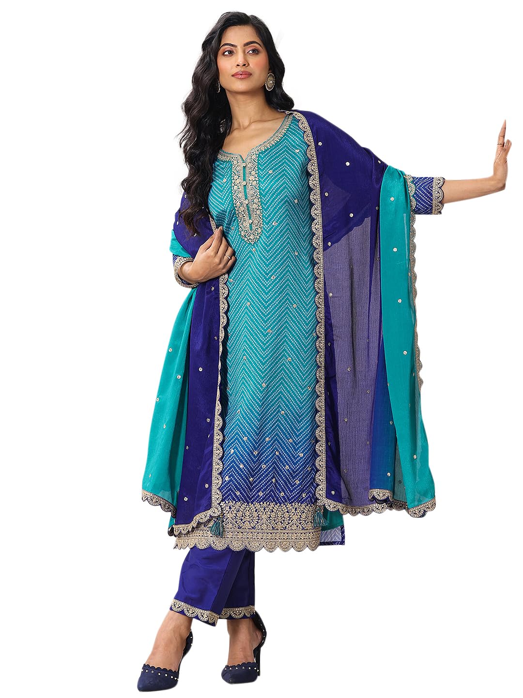 Libas Womens Printed Chinon Straight Kurta With Palazzos and Dupatta - Authentic Libas Clothing | UrbanThreads