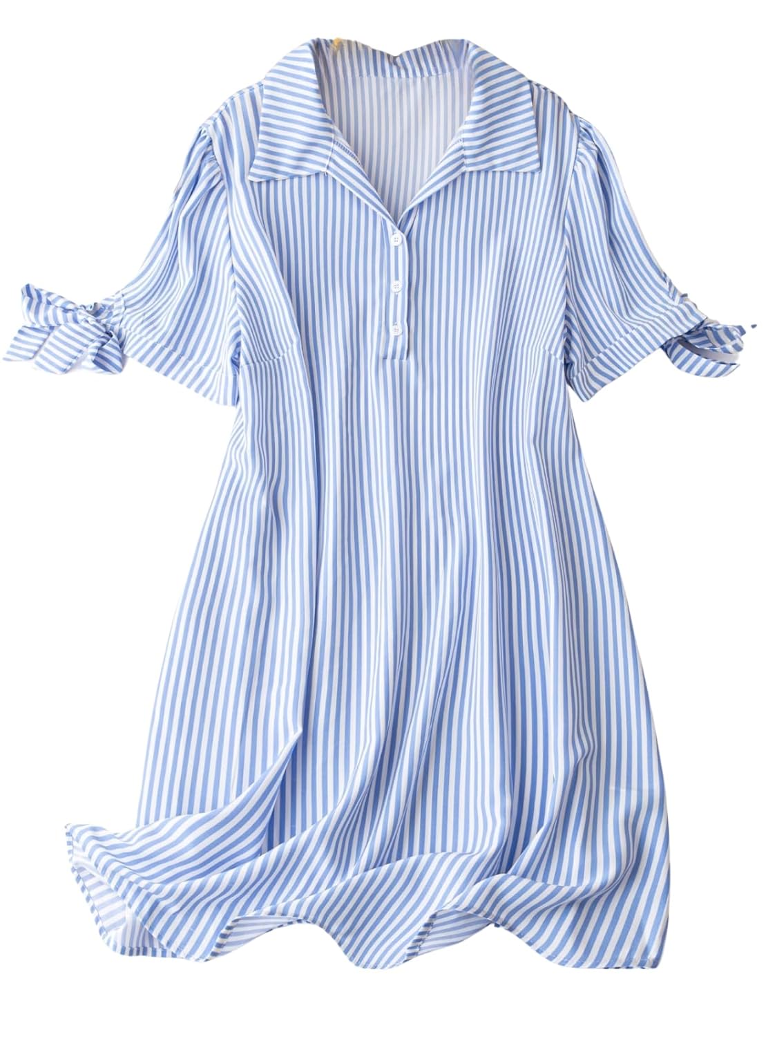 Leriya Fashion Striped Shirt Style Mini Dress for Women | Collared Casual A-Line | Tunic with Tie Sl - Authentic Leriya Clothing | UrbanThreads