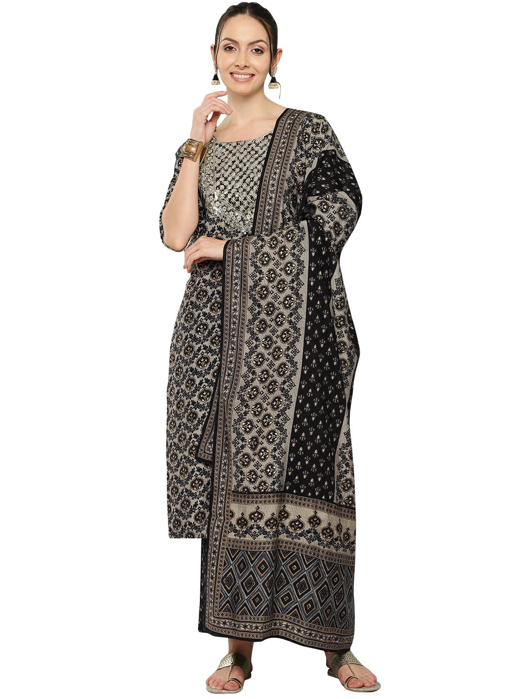 Libas Womens Printed Silk Blend Straight Kurta With Trousers and Dupatta - Authentic Libas Clothing | UrbanThreads