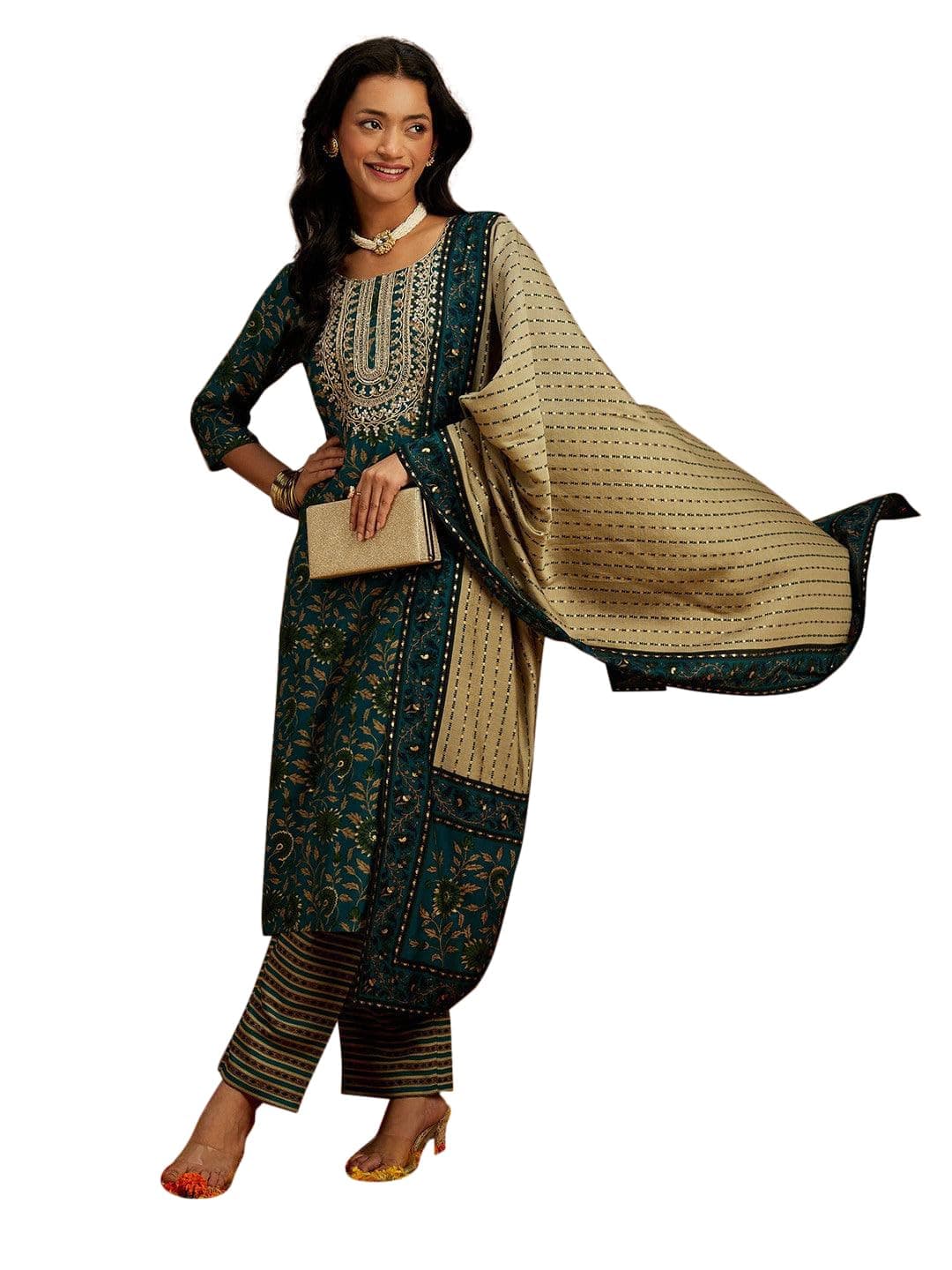 Floral Blue Silk Kurta Set | Elegant Indian Outfit - UrbanThreads