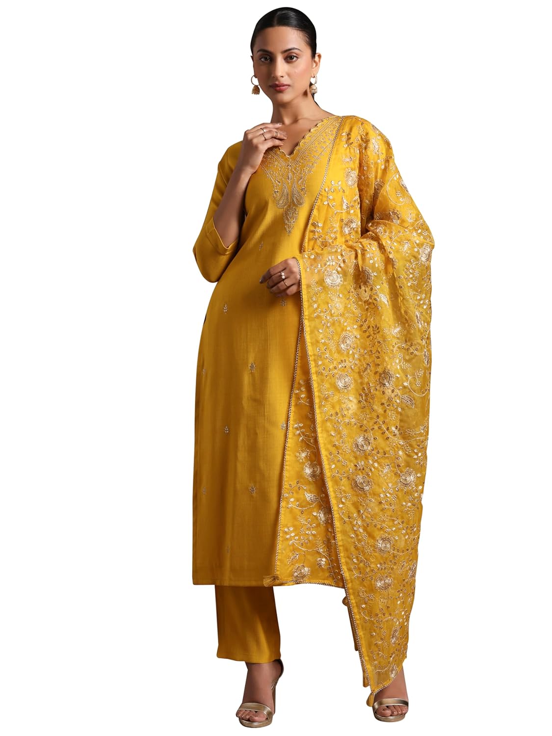 Libas Womens Embroidered Silk Blend Straight Kurta With Trousers and Dupatta - Authentic Libas Clothing | UrbanThreads