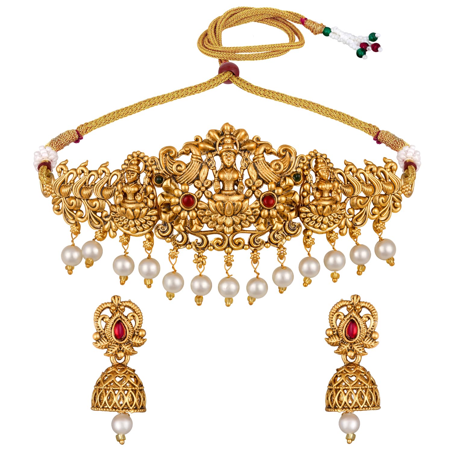 Shining Diva 22k Gold Plated Temple Necklace Set with Pearls