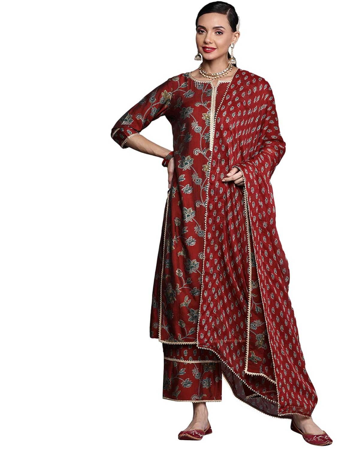 Libas Womens Printed Silk Blend Straight Kurta With Palazzos and Dupatta - Authentic Libas Clothing | UrbanThreads