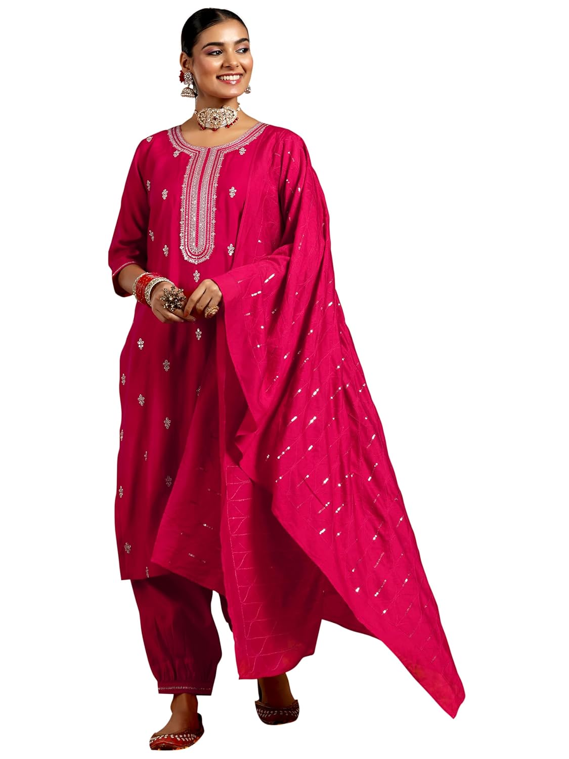 Libas Gerua Womens Embroidered Silk Blend Straight Kurta With Salwar and Dupatta - Authentic Libas Clothing | UrbanThreads