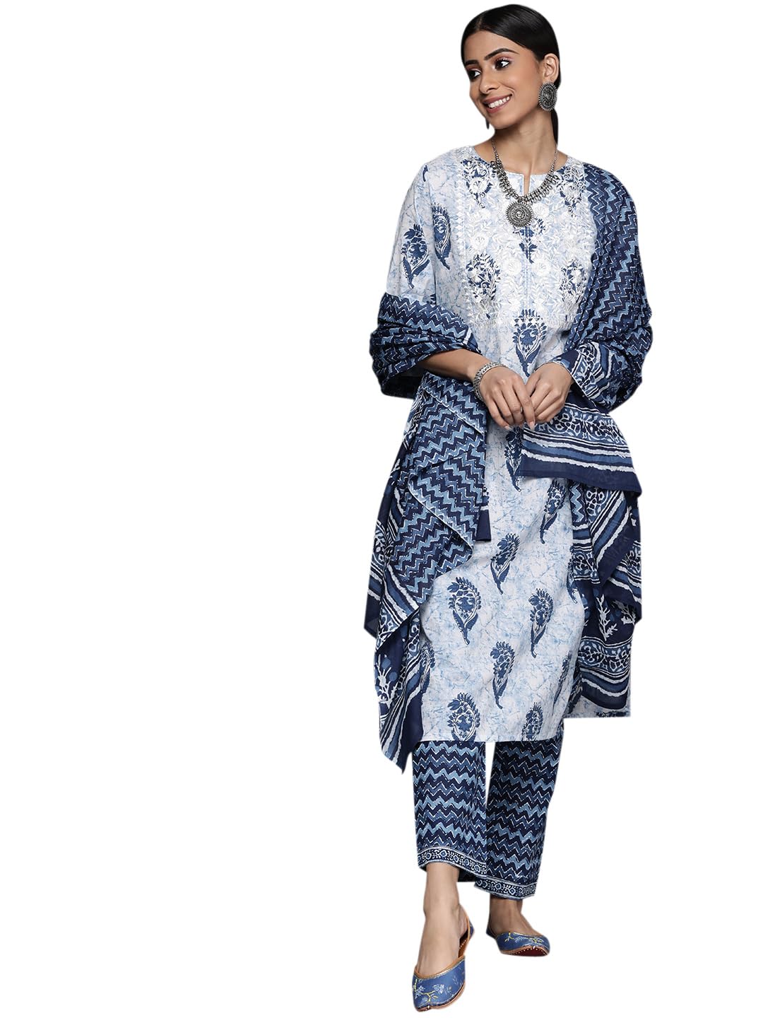 Libas Womens Printed Cotton Straight Kurta Trouser with Dupatta Set - Authentic Libas Clothing | UrbanThreads
