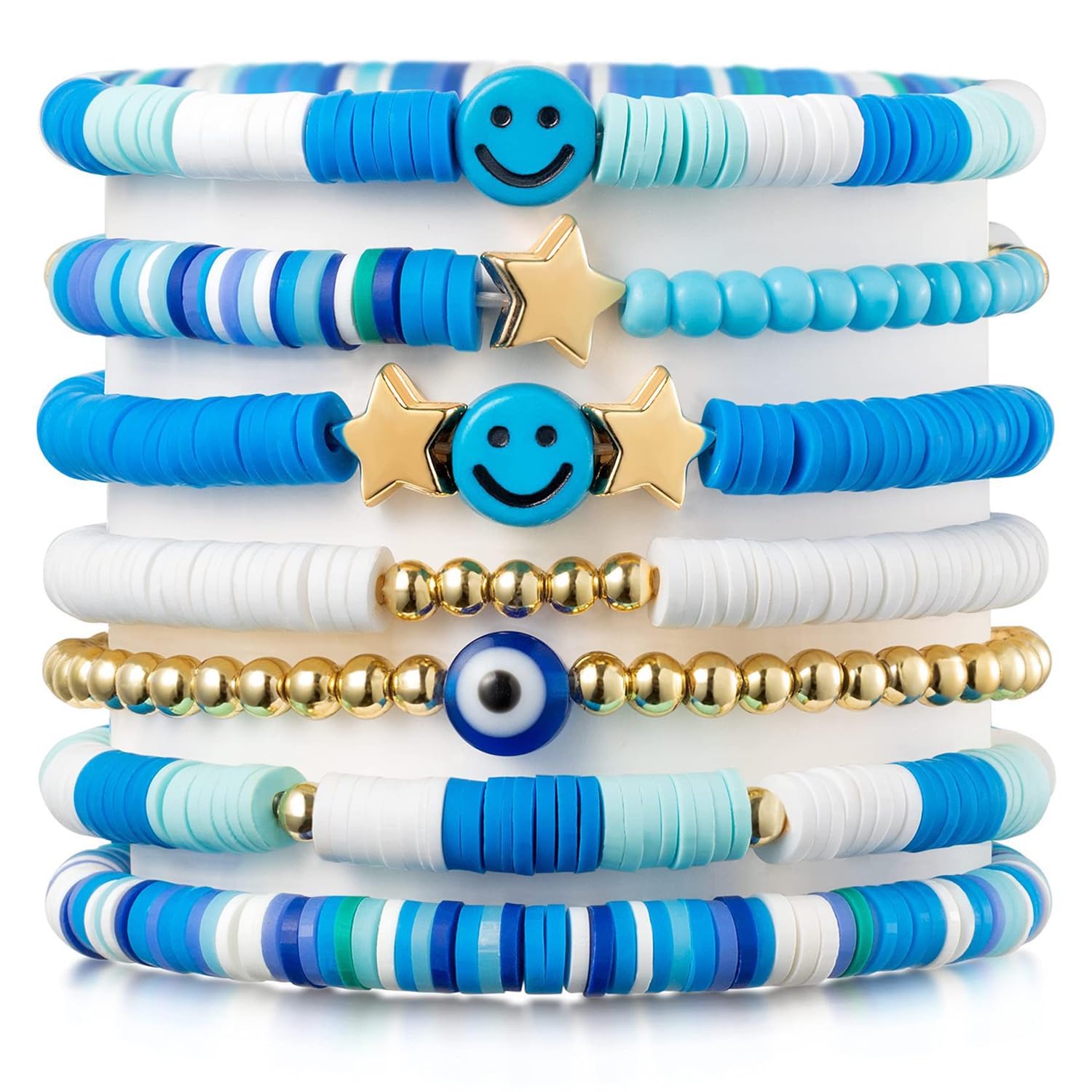 Shining Diva 7Pcs Beach Surfer Bracelets Set Colorful Heishi