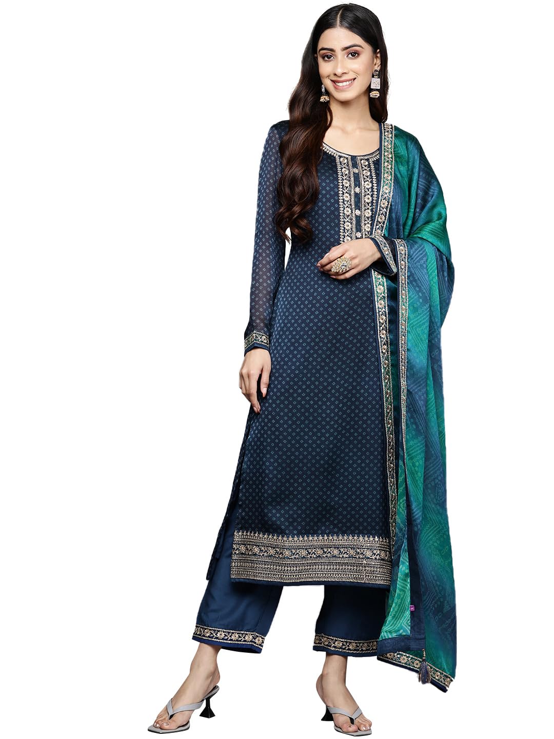 Libas Womens Printed Chiffon Straight Kurta With Trousers and Dupatta - Authentic Libas Clothing | UrbanThreads