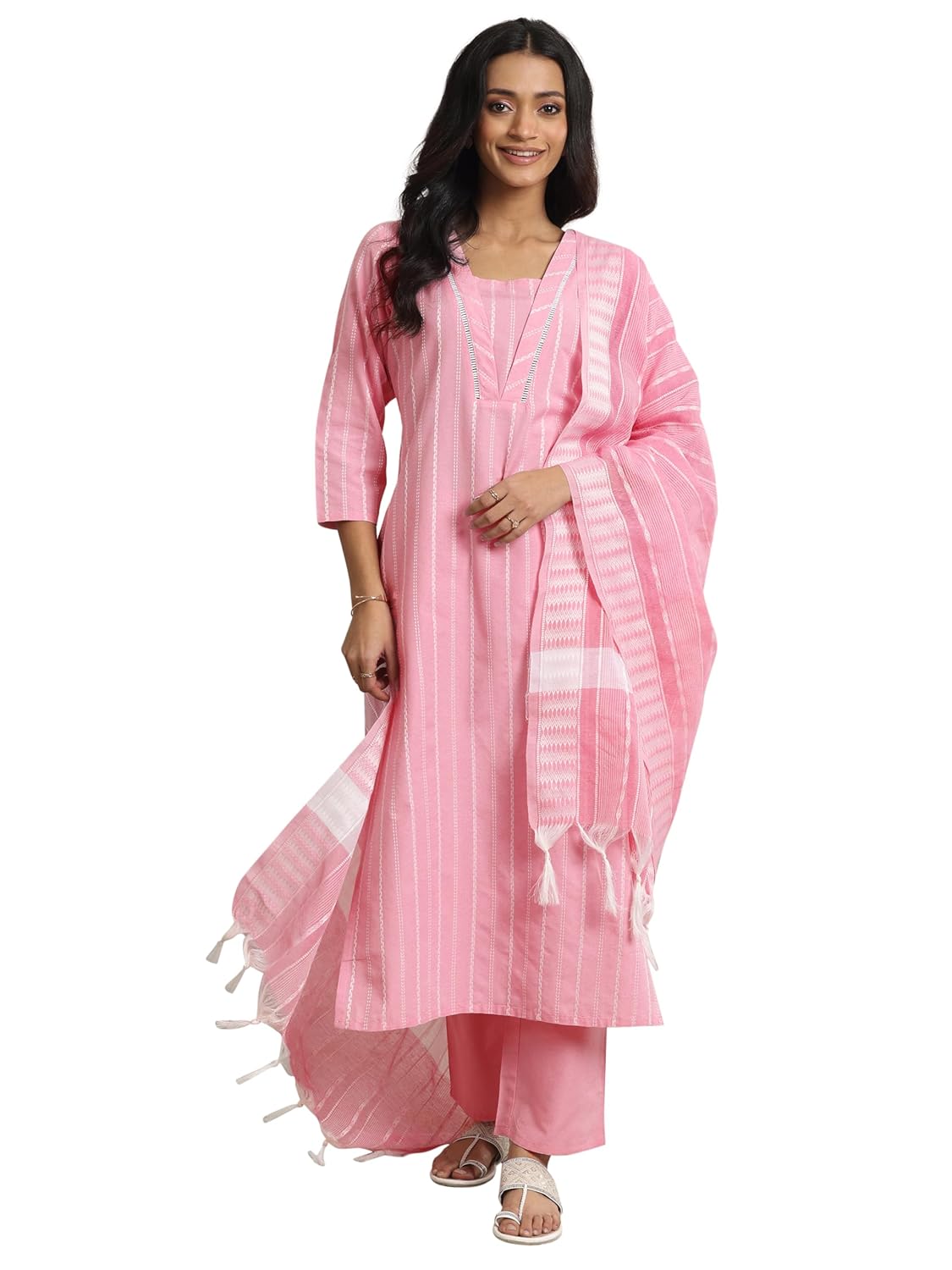Woven Cotton Kurta Set with Trousers & Dupatta - Libas | UrbanThreads