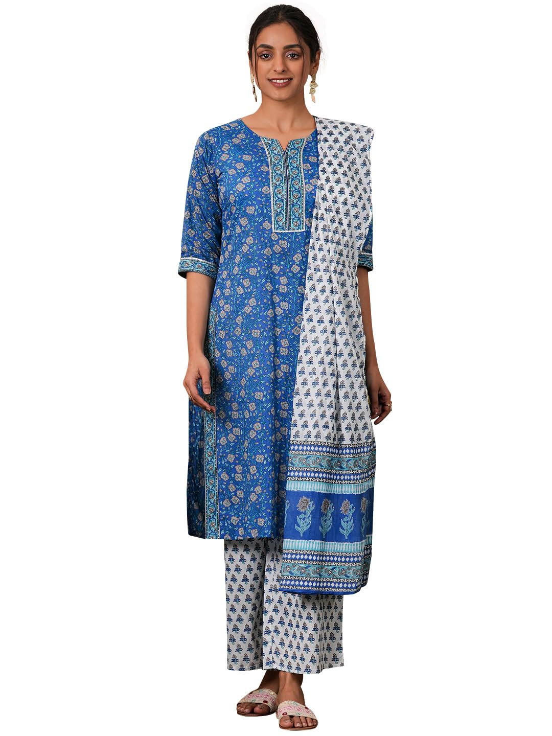 Libas Womens Printed Cotton Straight Kurta With Palazzos and Dupatta - Authentic Libas Clothing | UrbanThreads