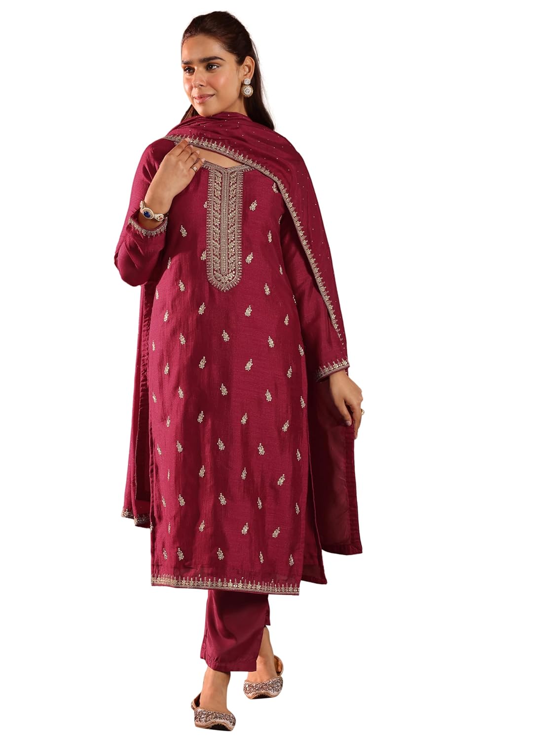 Libas Womens Embroidered Silk Blend Straight Kurta With Trousers and Dupatta - Authentic Libas Clothing | UrbanThreads
