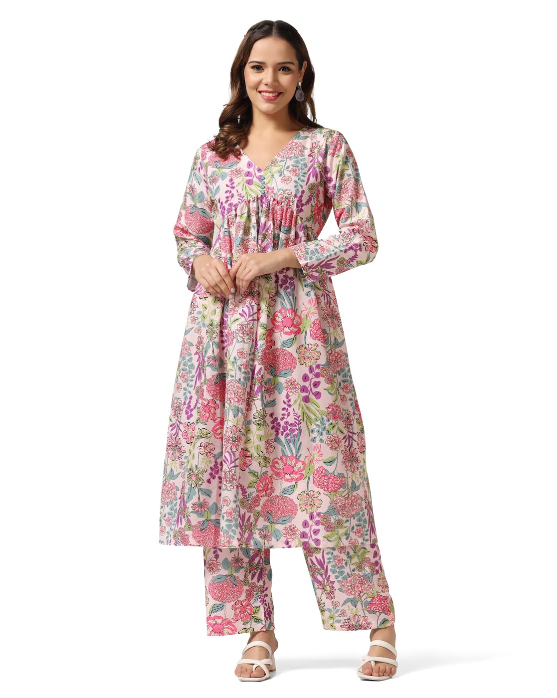 Leriya Fashion Women’s Floral Printed Kurta Set with Pants Long Sleeve Ethnic for Casual, Festive & - Authentic Leriya Clothing | UrbanThreads