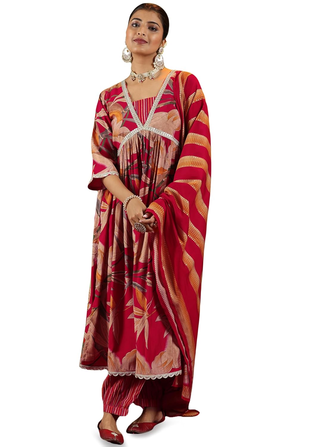Libas Womens Printed Silk Blend A-Line Kurta With Salwar and Dupatta - Authentic Libas Clothing | UrbanThreads