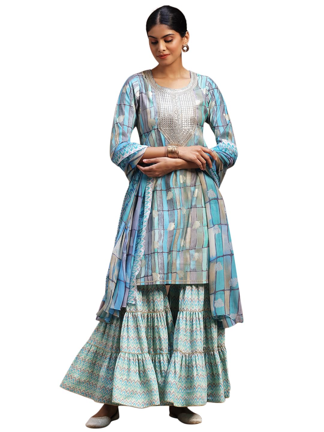 Libas Womens Printed Silk Blend Straight Kurta With Sharara and Dupatta - Authentic Libas Clothing | UrbanThreads