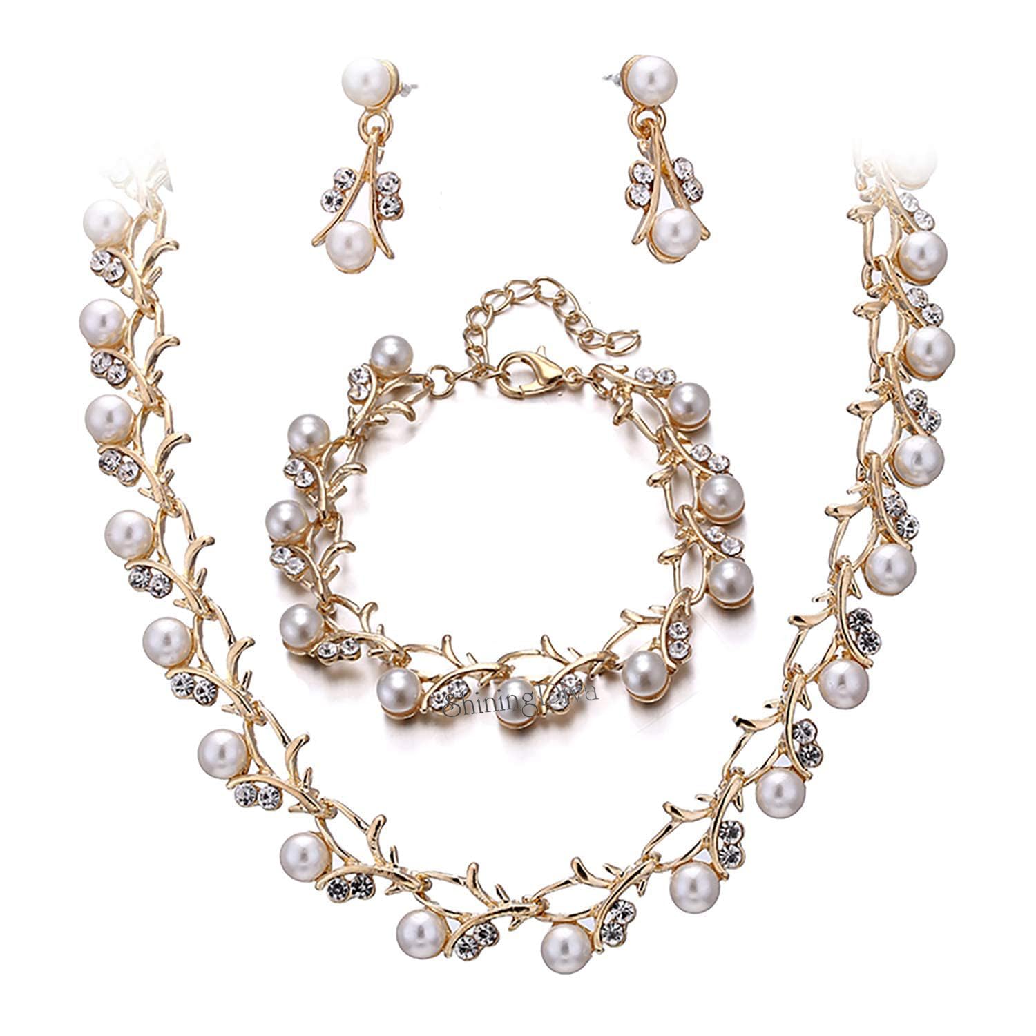 Shining Diva 18k Gold Plated Pearl Necklace Earrings Bracelet
