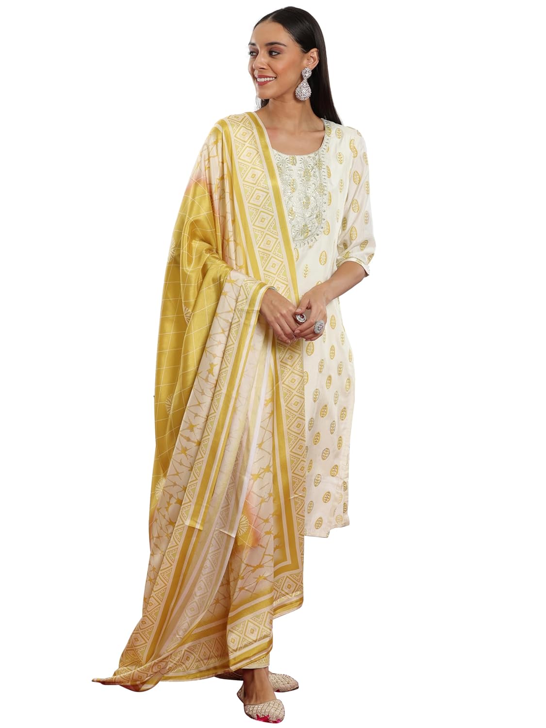 Libas Womens Printed Silk Blend Straight Kurta With Palazzos and Dupatta - Authentic Libas Clothing | UrbanThreads