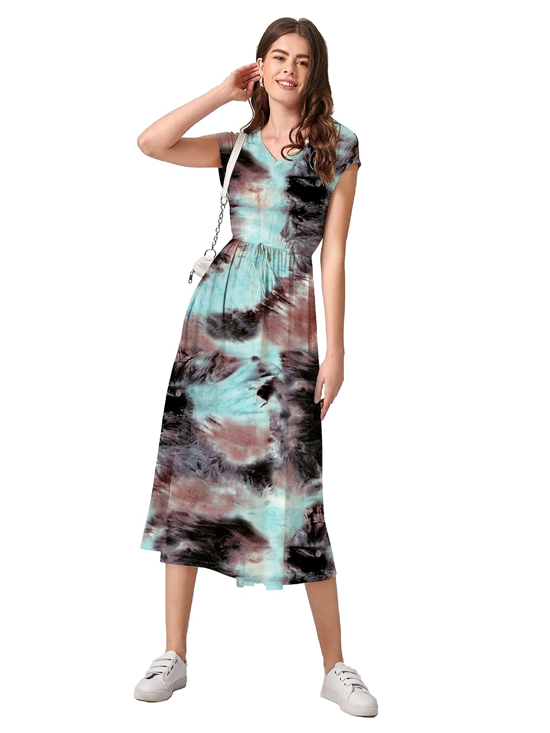 Leriya Fashion Women's Tai-Dye Printed Mesh Rayon Lycra High V-Collar Neck Long Kurti Dresses for Wo - Authentic Leriya Clothing | UrbanThreads