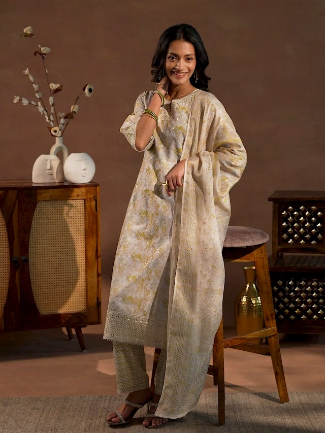 Beige Embroidered Kurta Palazzo Suit Set | Libas - UrbanThreads.in - Image 3