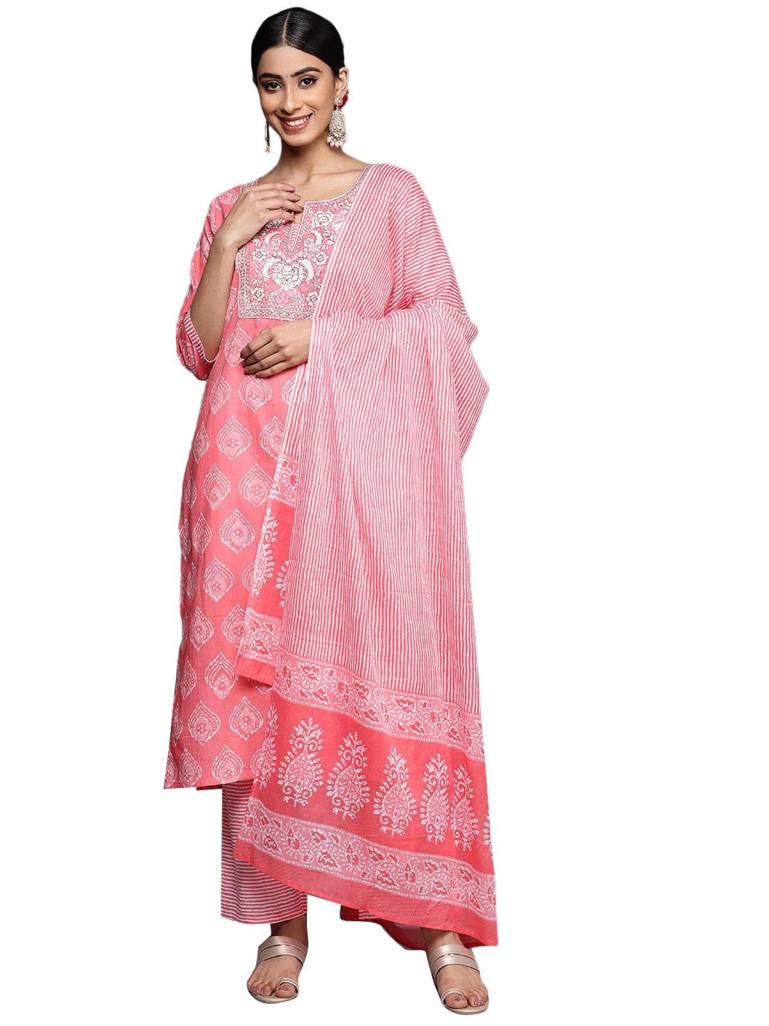 Libas Womens Yoke Design Cotton Straight Kurta With Trousers and Dupatta - Authentic Libas Clothing | UrbanThreads
