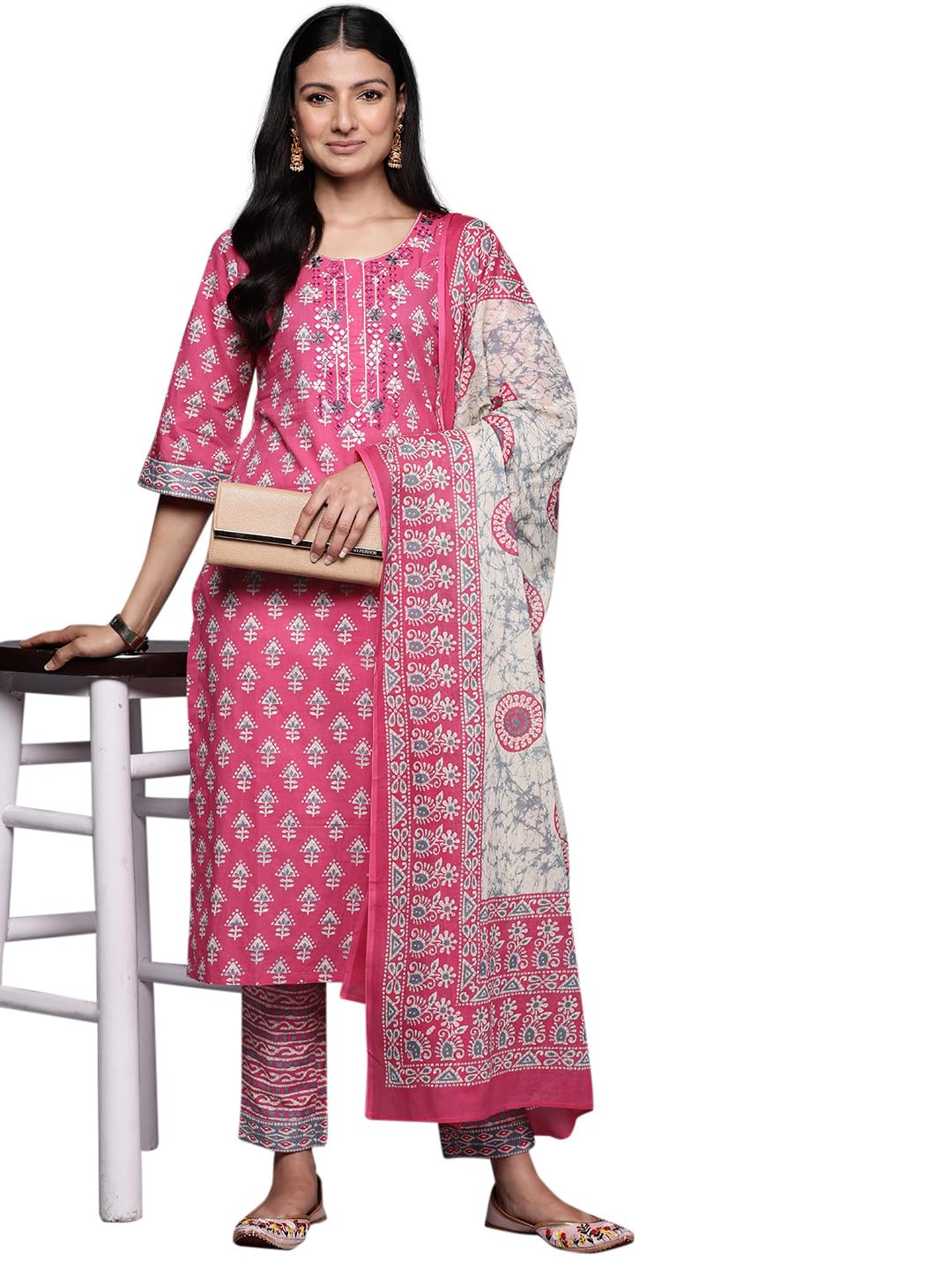 Libas Womens Printed Cotton Straight Kurta With Trousers and Dupatta - Authentic Libas Clothing | UrbanThreads