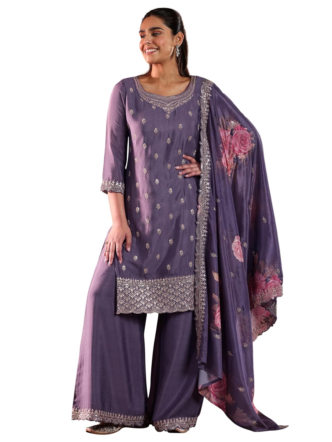 Libas Womens Embroidered Silk Blend Straight Kurta with Palazzos and Dupatta - Authentic Libas Clothing | UrbanThreads