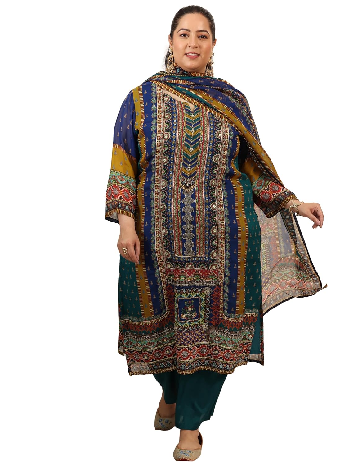 Extra Love By Libas Plus Size Womens Printed Organza Straight Kurta With Trousers and Dupatta - Authentic Extra Clothing | UrbanThreads