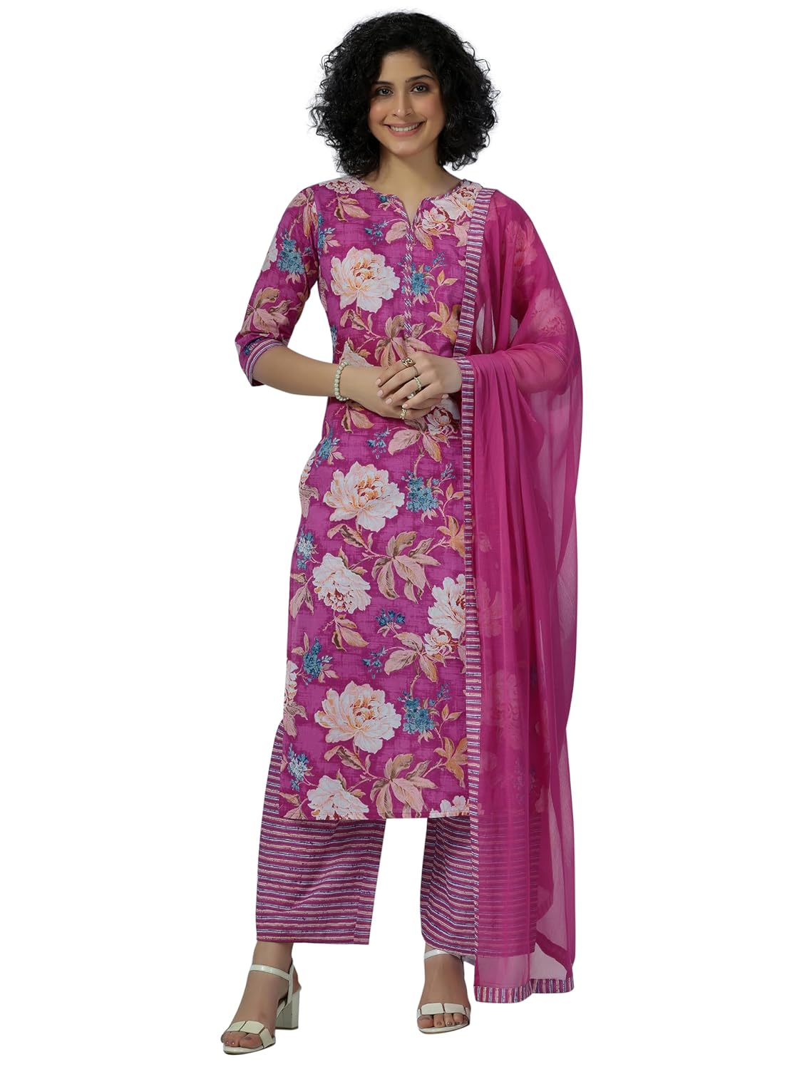 Libas Pink Floral Cotton Kurta Palazzo Set | UrbanThreads.in