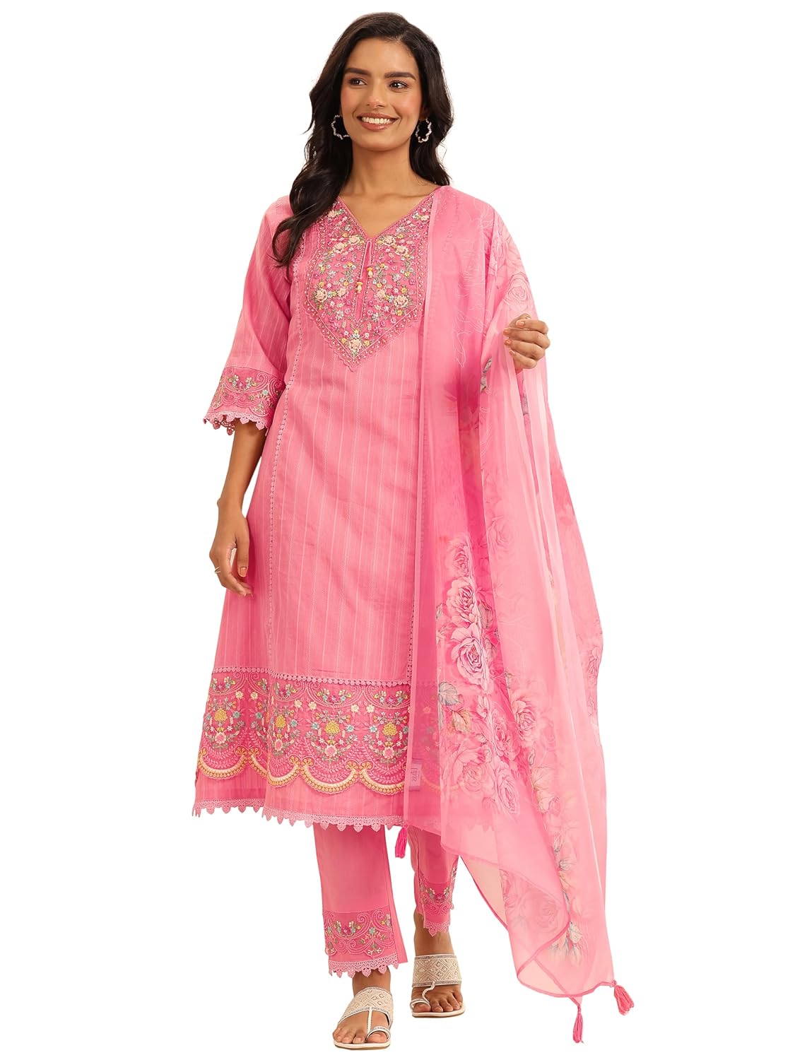 Embroidered Cotton Kurta Set - Libas A-Line Suit with Dupatta
