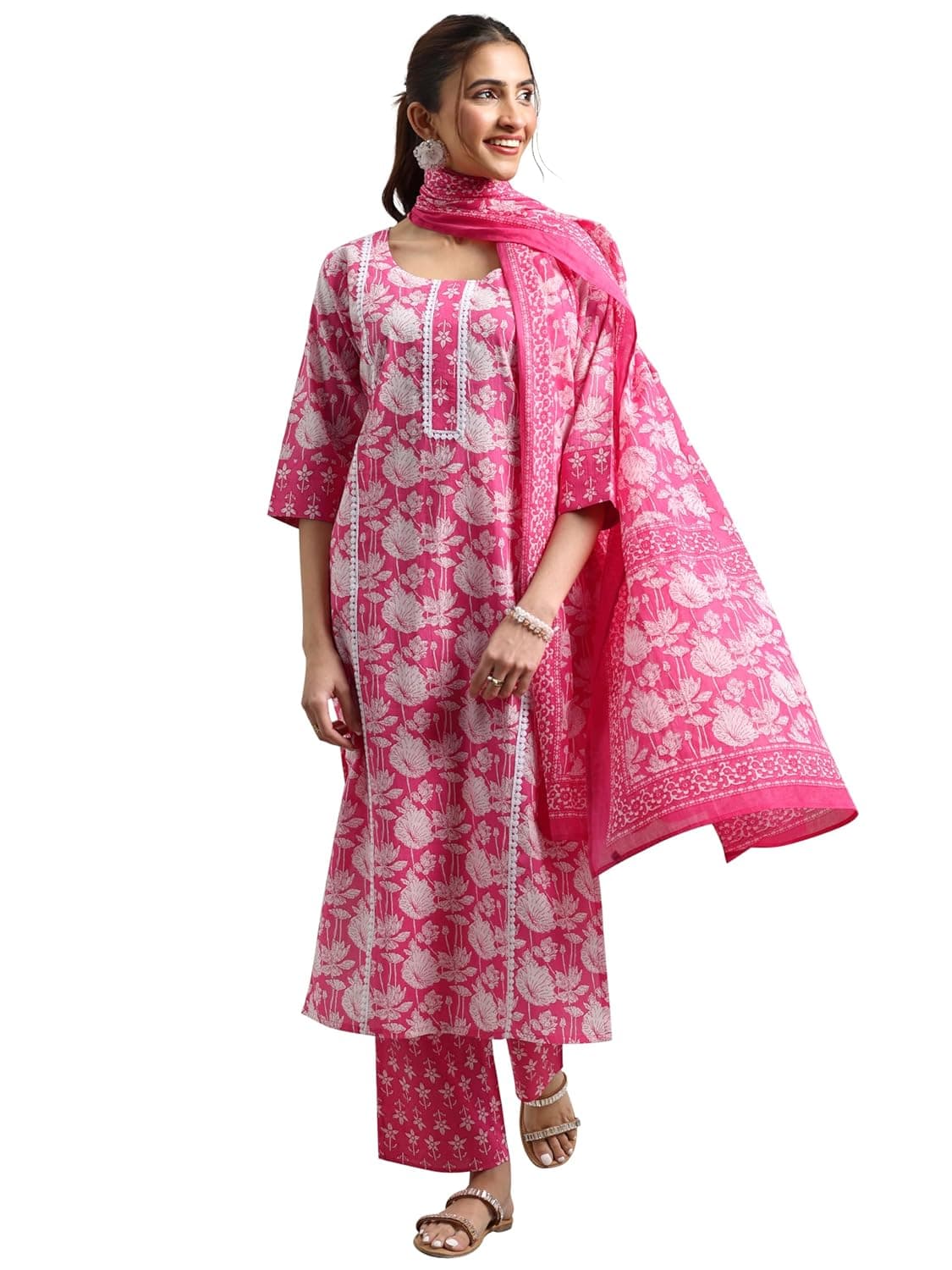 Libas Womens Printed Cotton Straight Kurta With Trousers and Dupatta - Authentic Libas Clothing | UrbanThreads