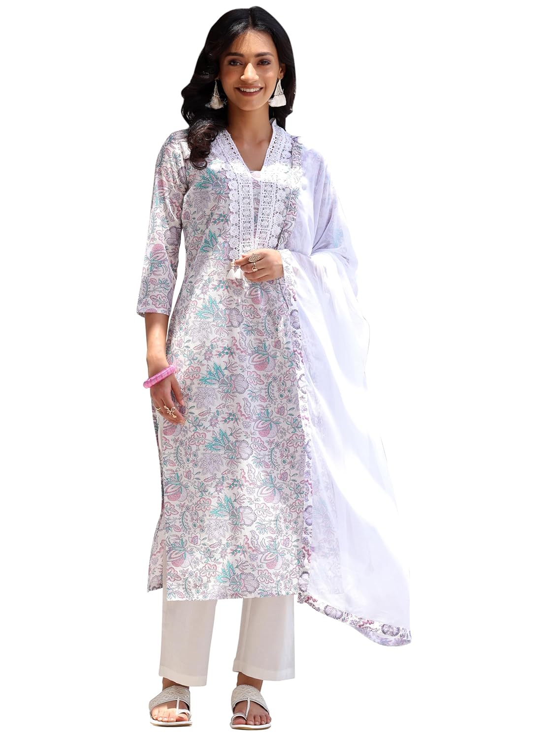 Libas Womens Printed Cotton Straight Kurta With Trousers and Dupatta - Authentic Libas Clothing | UrbanThreads